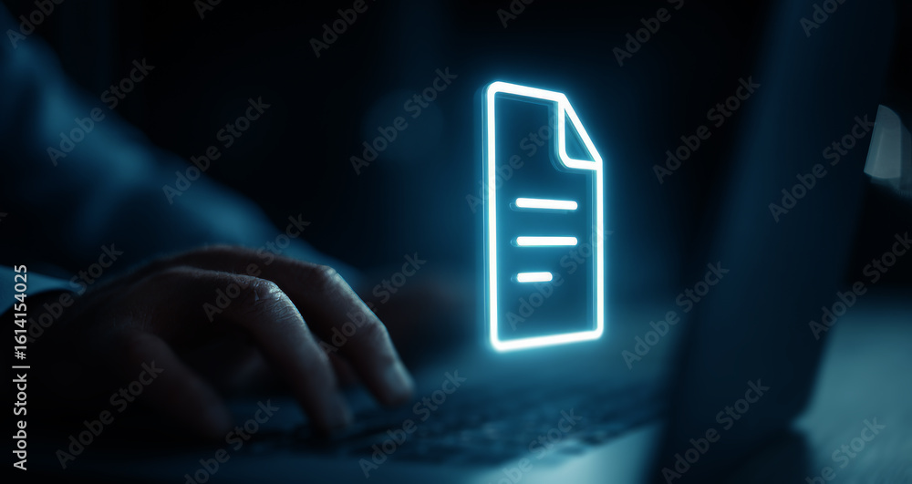 Poster businessman using a laptop computer to print a digital-worthy user interface with a virtual transpar