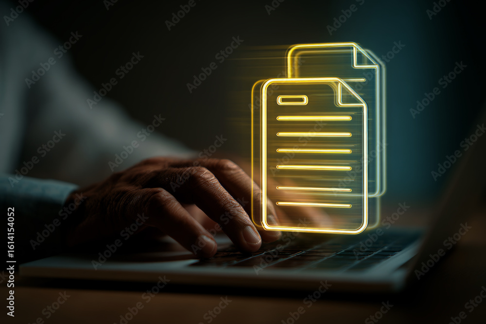 Poster businessman using a laptop computer to print a digital-worthy user interface with a virtual transpar