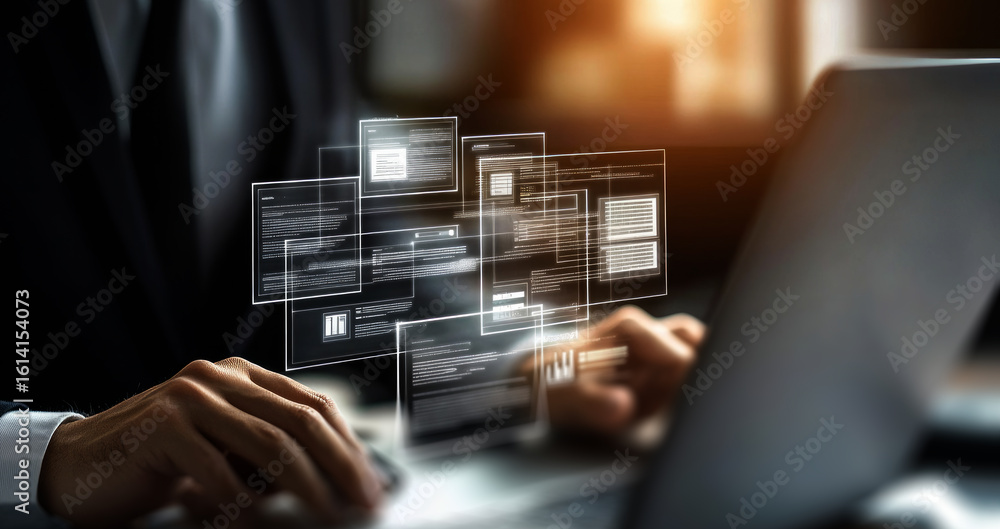 Poster businessman using a laptop computer to print a digital-worthy user interface with a virtual transpar