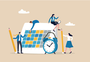 Schedule calendar, team meeting or appointment, project planning or time reminder, manage timeline concept, businessman and businesswoman working on calendar planner to schedule and organize work.