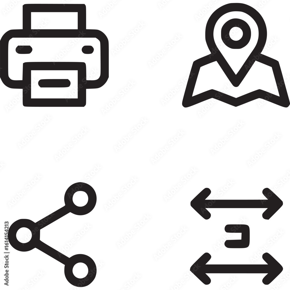 Poster four black outline icons arranged in a square formation on a white background in a simple style on t