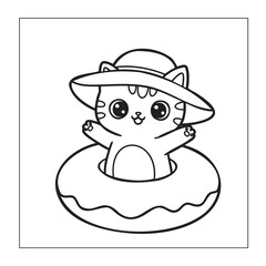 Cute Kitten with Sun Hat in a Swim Ring, Coloring Page Vector