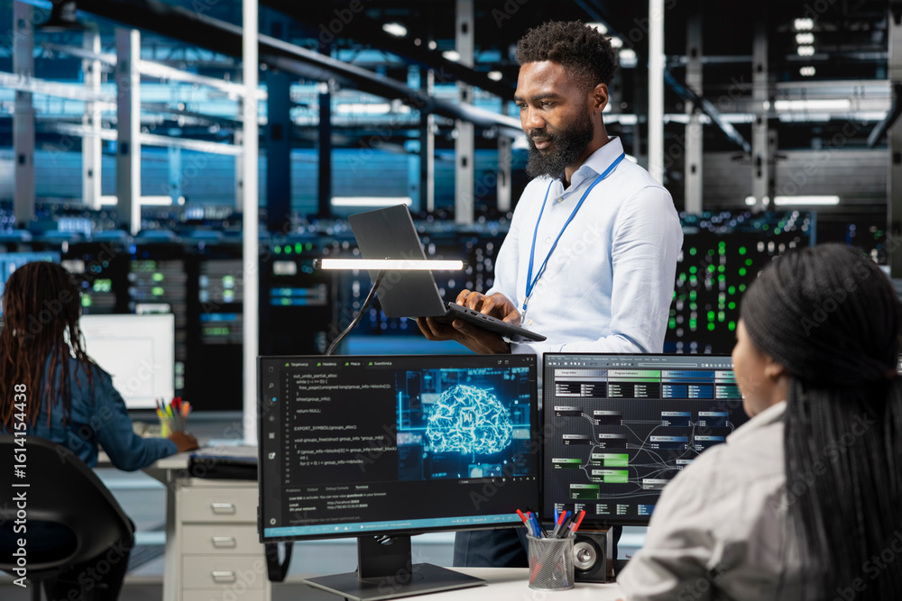 Poster data center programmer using artificial intelligence neural networks technology. african american ma