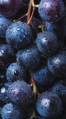 Close-up of fresh, dark blue grapes with water droplets