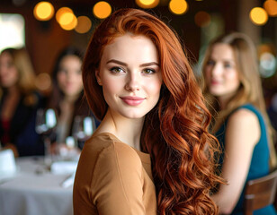 Fototapeta premium Portrait of a beautiful young, red-haired girl at a party with friends