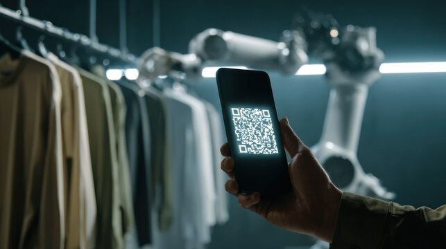 Closeup medium shot of a hand holding a smartphone scanning a glowing QR code on a stylish vending wall while robotic arms move in soft focus behind to deliver packaged shirts