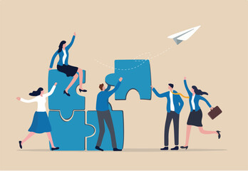Employee engagement improve involvement or encourage employee success together, increase value and workplace motivation concept, happy business people, employees help complete jigsaw in their office.
