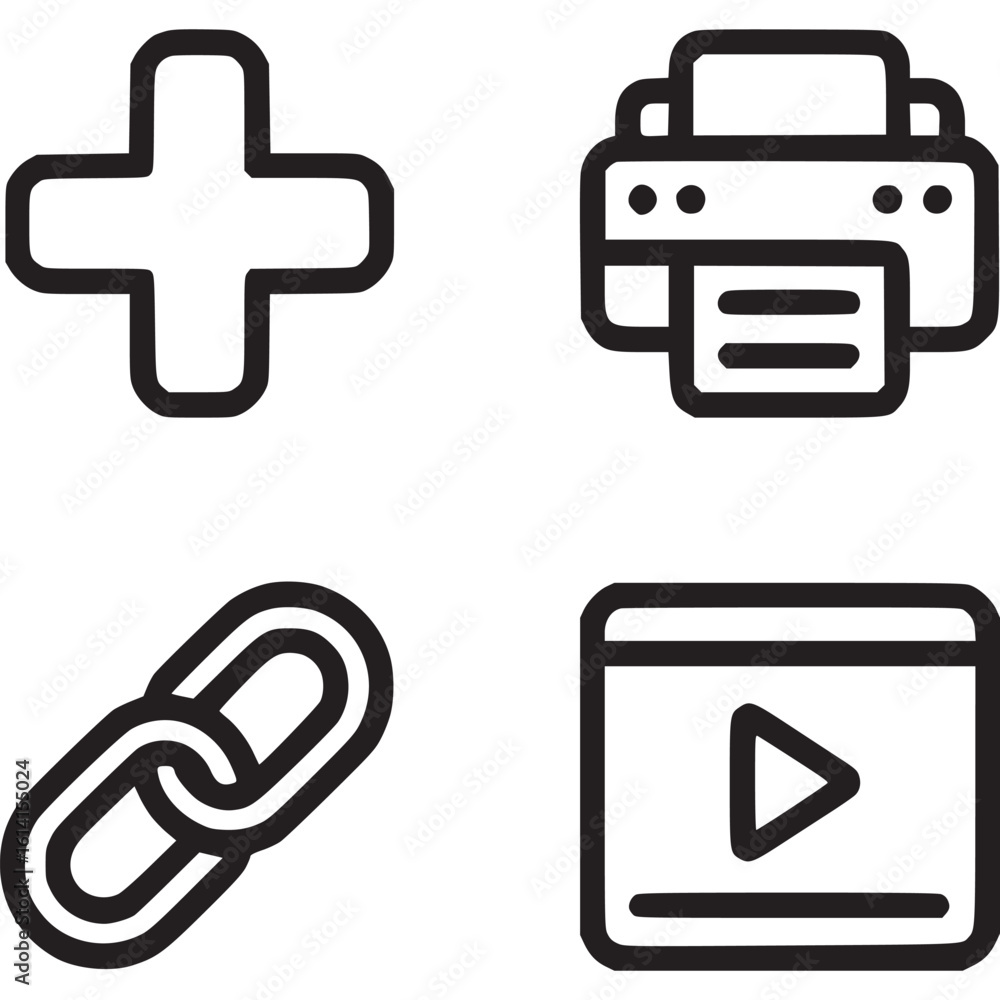 Poster a collection of four simple black outline icons on a light gray background in a square arrangement o