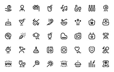 Birthday icon set. Party vector collection. Includes gift box, cake, balloons, confetti, music, fireworks, cocktail, camera and more. Editable celebration illustrations.