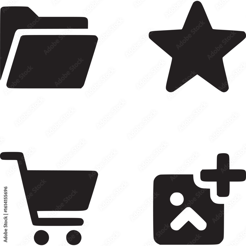 Poster four black icons arranged on a white background depicting a folder star cart and add image symbol on