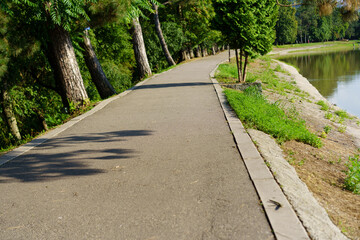 Fototapeta premium Peaceful riverside pathway surrounded by trees during a sunny afternoon in a city park