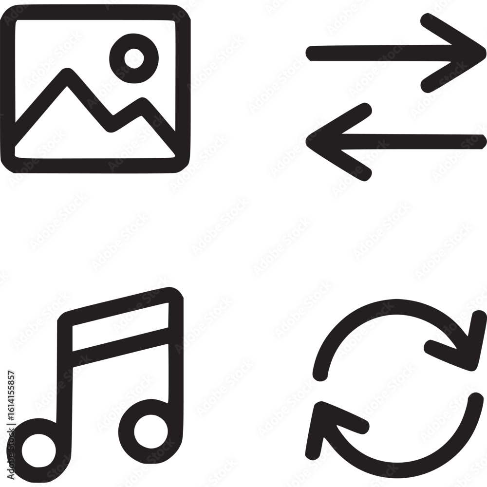 Poster four distinct black outline icons on a white background depicting media and functionality symbols on