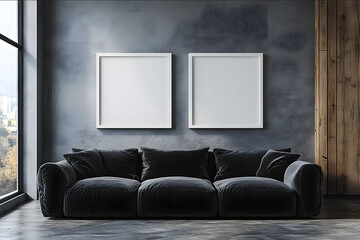 3h Empty minimalist living room with a velvet black sofa in the center and two white wooden blank canvas frames on the wall over the sofa pastel color gray walls sli