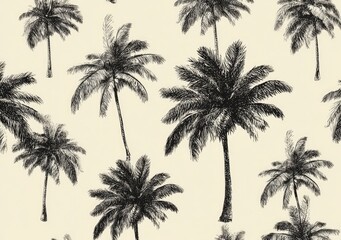 Black ink drawings of palm trees are arranged as a repeating pattern on a light yellow background