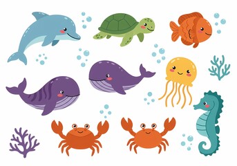 Cute cartoon sea animals vector illustration ocean life underwater creatures art