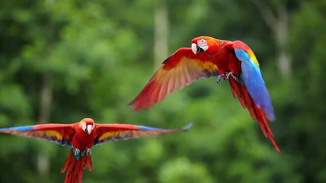 Two red macaws fly against a blurred green background wings spread with vivid colors