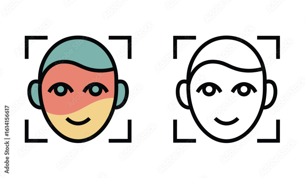 Poster face detection icon set depicting facial recognition technology and security application