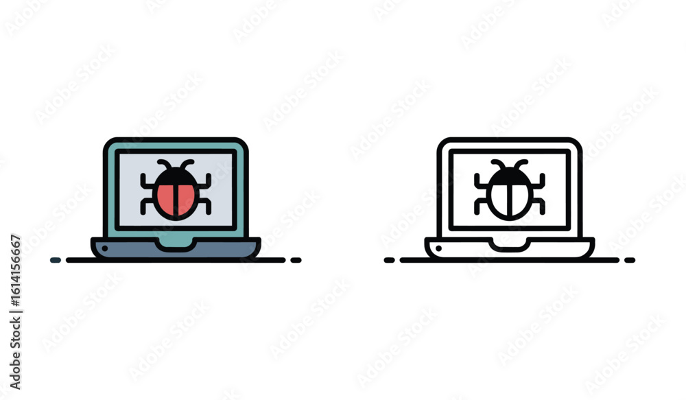 Poster laptop screen showing software bug or computer virus threat flat vector design style and line art