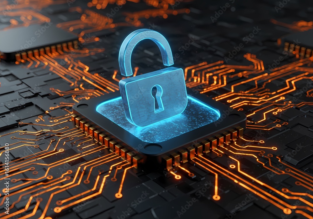 Poster cyber security concept open padlock on circuit board data protection technology