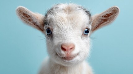 Fototapeta premium Cute baby goat isolated on blue background