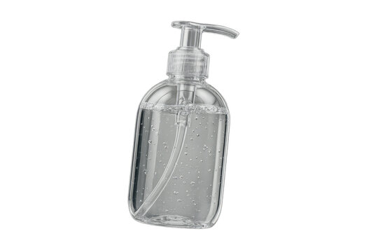 Clear hand sanitizer pump bottle isolated on a transparent background, hygiene