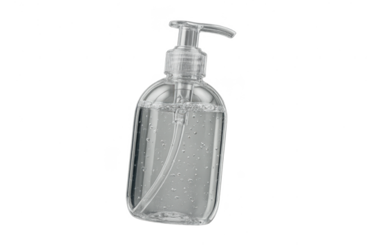 Clear hand sanitizer pump bottle isolated on a transparent background, hygiene - Powered by Adobe