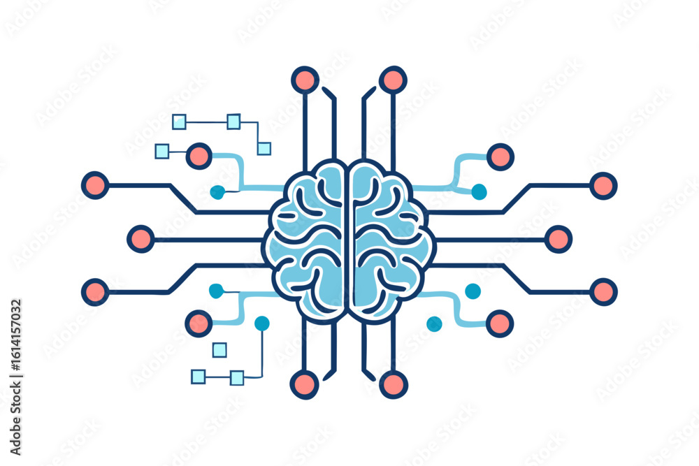 Poster stylized illustration of a digital brain connected to a network of circuits and nodes
