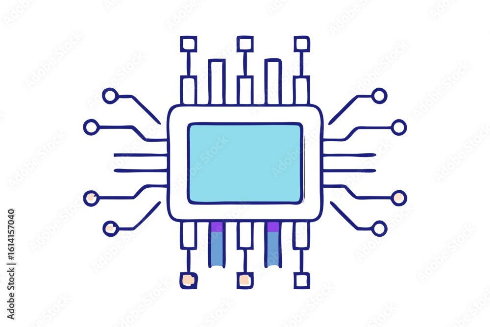 Aufkleber hand drawn illustration of a computer processor chip with colorful pins and wires on a black backgro