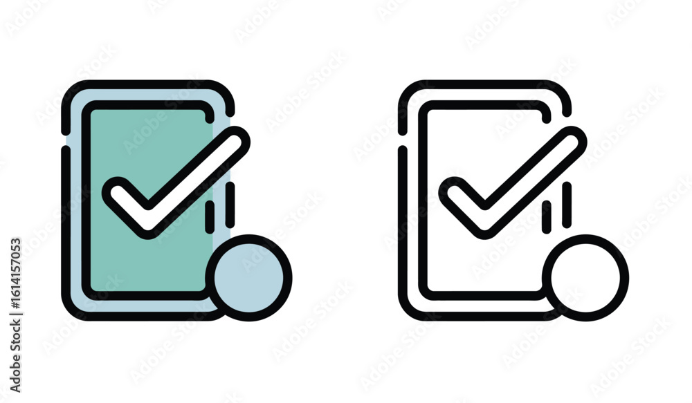 Poster checkmark icons with square and circle elements symbolizing completion validation or approval