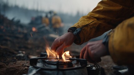 Closemedium shot highlighting hands adjusting the hydrogen stove control knob flames visible with a softfocus backdrop of rugged disaster zone terrain and responders.