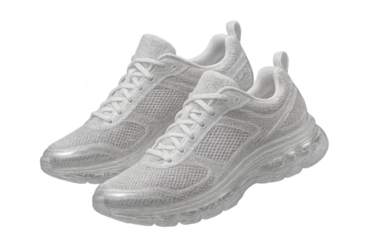 Pair of white modern running shoes isolated on transparent background.