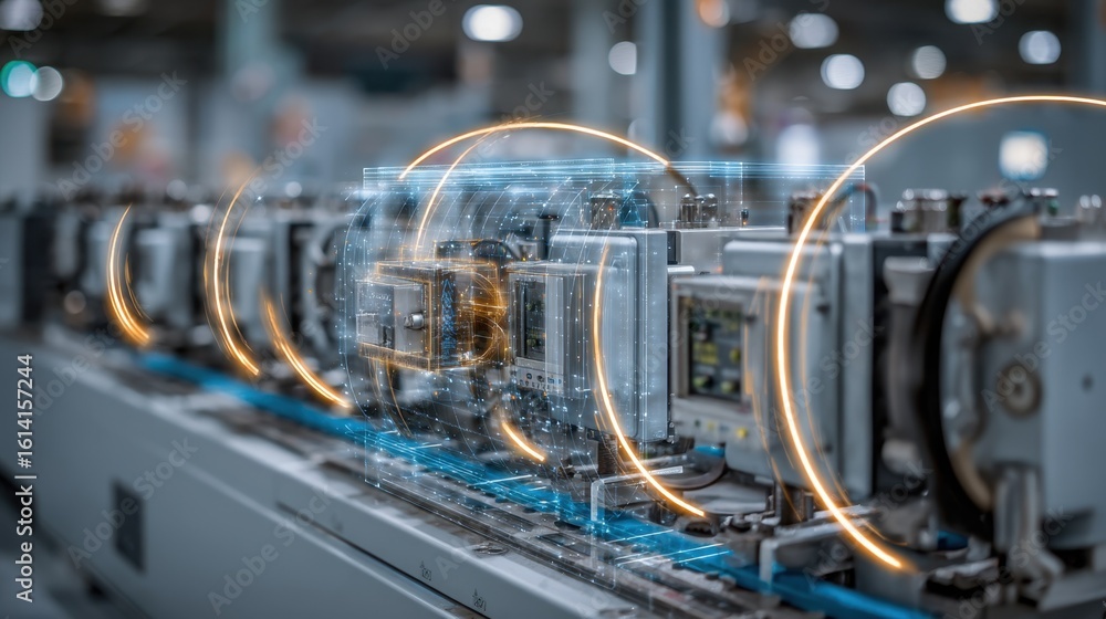 Poster interconnected iiot sensors mounted on industrial equipment create a network of glowing data transmi