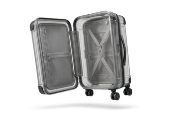 Open transparent suitcase isolated on a clear background, modern travel luggage
