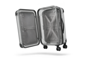Open transparent suitcase isolated on a clear background, modern travel luggage