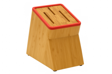 Wooden knife block featuring red silicone trim, standing against transparent background, highlighting modern kitchen accessory design
