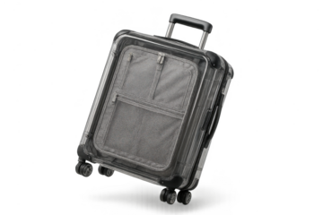 Modern transparent hardshell luggage on wheels, isolated on transparent background.