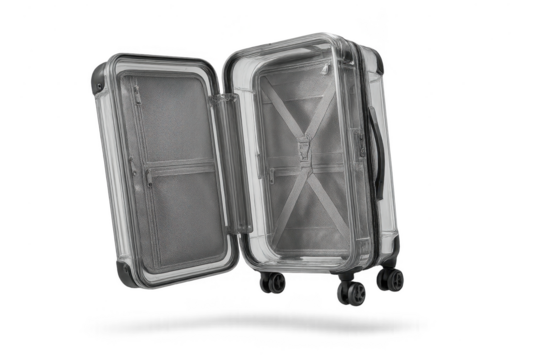 Open transparent suitcase isolated on a clear background, modern travel luggage
