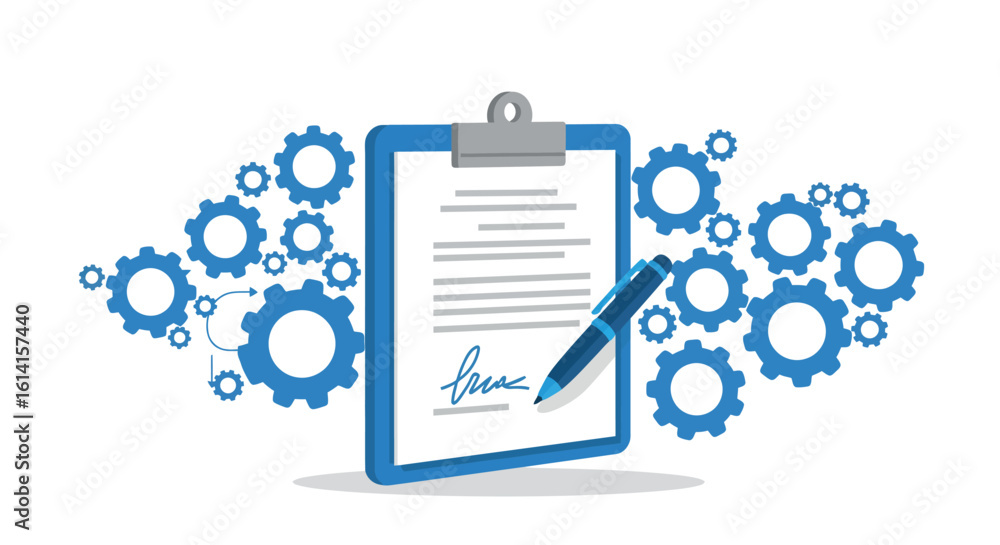 Poster flat style contract signing with blueprint gears and clipboard