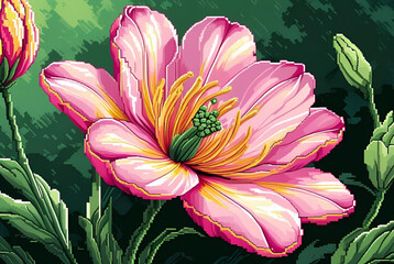 Lush Pink Tulip Pixel Art Illustration