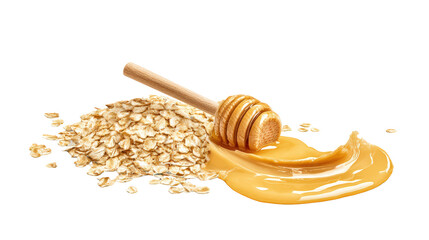 Rolled oats with honey and a wooden dipper, isolated on transparent background