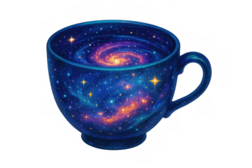 Ceramic mug displaying cosmic swirls, vibrant nebulae, and stellar patterns against transparent backdrop