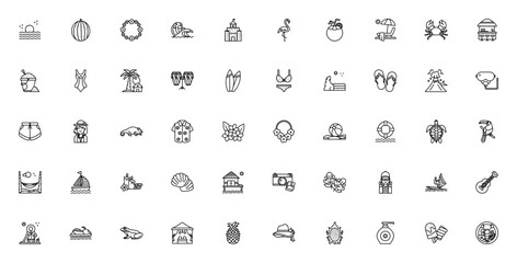 Tropical_9495 icon set. Summer vector collection. Includes sun, watermelon, flamingo, palm tree, bikini, pineapple, beach bar, surfboard, coconut, hammock and more. Editable stroke.