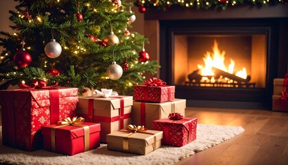 Christmas presents by a fireplace