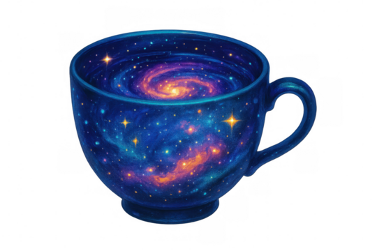 Ceramic mug displaying cosmic swirls, vibrant nebulae, and stellar patterns against transparent backdrop