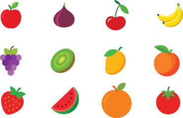 Set of Colorful fruits vector. Editable eps file illustration Apple, Bananas, Cherry, Fig, Grapes, Kiwi, mango, Nectarine, Orange, Strawberry, Tomato, Watermelon
