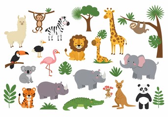 Cute cartoon jungle animals vector illustration for kids safari animal set