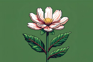 Pink and White Flower Pixel Art with Large Leaves