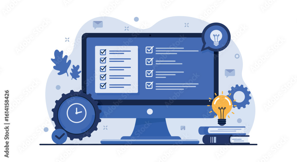 Poster monitor displaying tasks and ideas with light bulb and clock gear in flat design