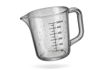 Clear glass measuring cup with water drops, isolated, transparent background
