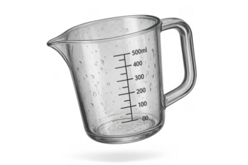 Clear glass measuring cup with water drops, isolated, transparent background